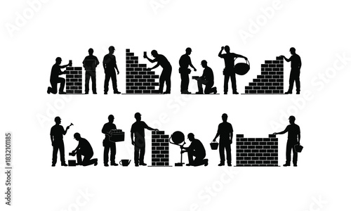 Diverse mason building wall poses as a black silhouette against a clean white background ideal for architectural design and construction concepts isolated on white background