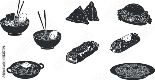 A collection of various food items including noodles, dumplings, sushi, hamburger, and pasta in black and white vector style, ideal for culinary design projects