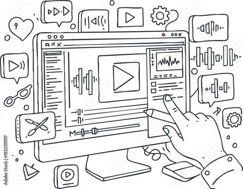 A hand interacting with a computer screen displaying video editing software in a black and white outline vector style, suitable for tech and media projects