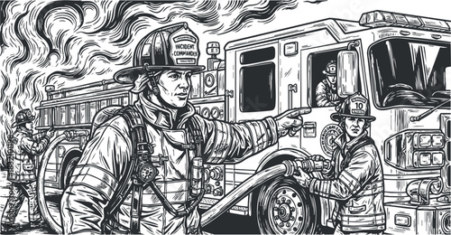 A detailed illustration of firefighters responding to an emergency with a fire truck in black and white vector style, suitable for public safety campaigns
