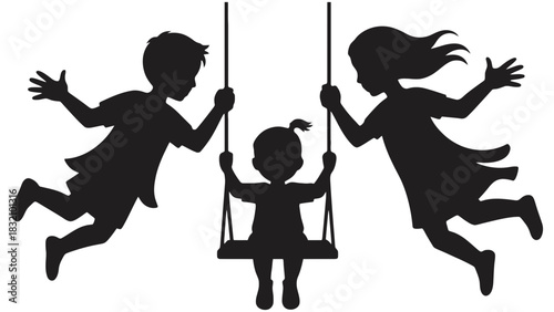 Three children silhouettes playing on a swing with arms outstretched