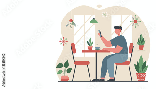 Young man using mobile phone at a modern cafe table enjoying coffee