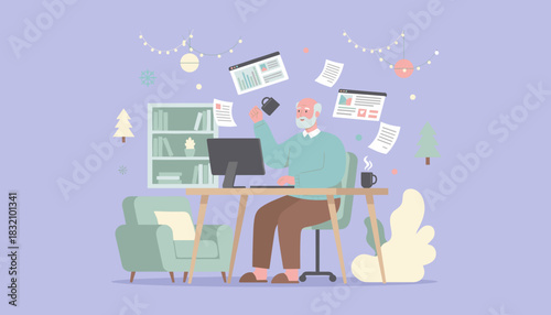 Busy senior man working remotely at home surrounded by floating documents and data