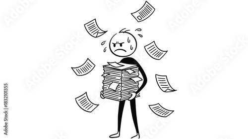 Stick figure carrying a large stack of papers with falling documents