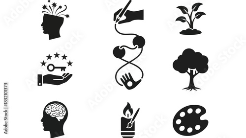 Collection of creative and growth related icons in black and white art