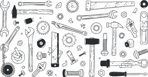 A collection of various hand tools and hardware elements in black and white outline vector style, ideal for construction and repair projects
