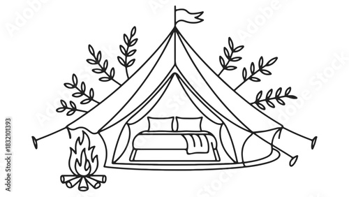 Line drawing of a glamping tent with fire and branches decoration