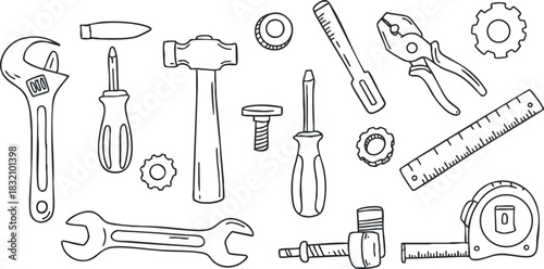 A collection of various hand tools including wrenches, screwdrivers, hammers, and pliers in outline vector style, ideal for DIY and repair projects