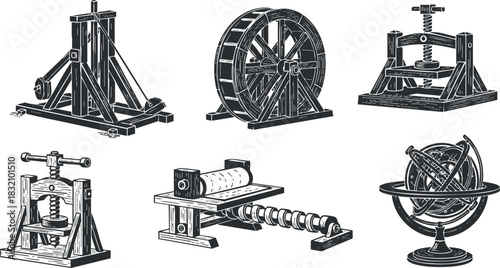 A collection of vintage mechanical devices including a globe, wheel, and press in detailed black and white vector style, suitable for educational materials and historical illustrations