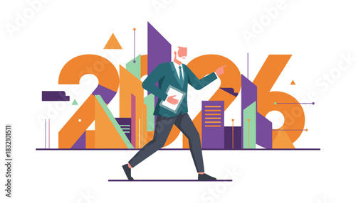 Confident executive strides toward future 2026 goals Business vector illustration