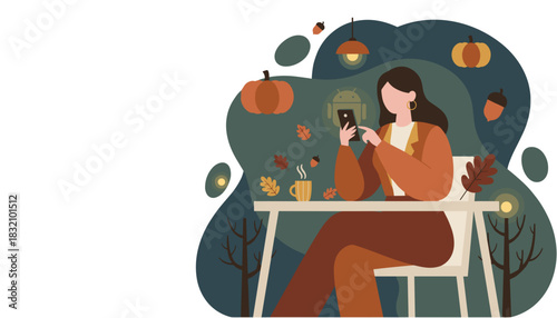 Cozy autumn flat illustration Woman using phone with pumpkins and coffee