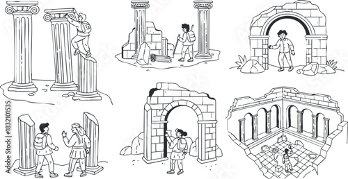 A collection of ancient ruins illustrations featuring columns, arches, and historical figures in black and white outline style, suitable for educational projects