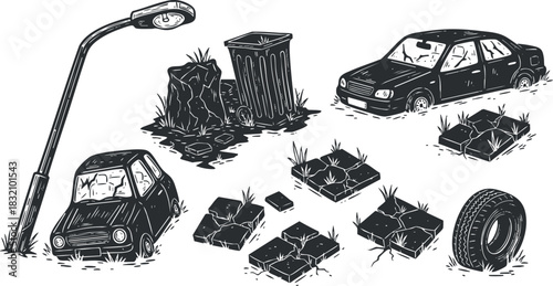 A collection of urban waste elements including abandoned cars, trash bins, and cracked pavement in black and white vector style, ideal for environmental awareness projects