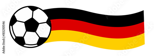Dynamic vector illustration featuring a flowing German flag in black, red, and gold elegantly sweeping behind a classic soccer ball, symbolizing national pride and football spirit