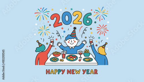 Happy New Year 2026 celebration illustration with friends toasting fireworks and confetti
