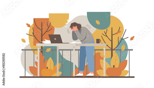 Stressed worker suffers burnout while telecommuting on an autumn balcony Flat vector illustration