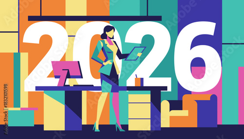 Ambitious businesswoman and 2026 goals in a vibrant geometric office illustration