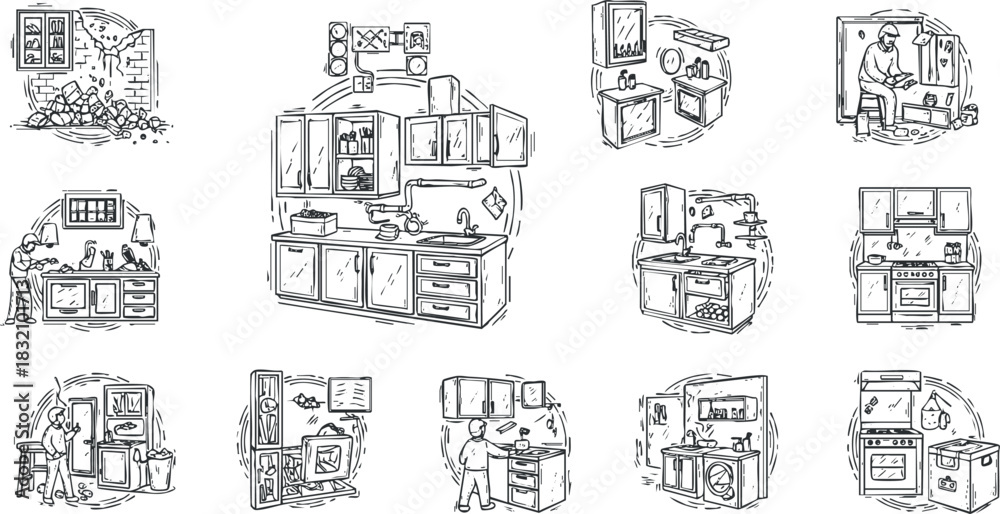 Obraz premium A collection of kitchen illustrations featuring various appliances, furniture, and cooking elements in minimalist outline vector style, suitable for interior design projects