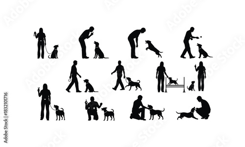 A skilled pet trainer is teaching a dog various poses and commands in a clear silhouette style isolated on a white background for easy use isolated on white background
