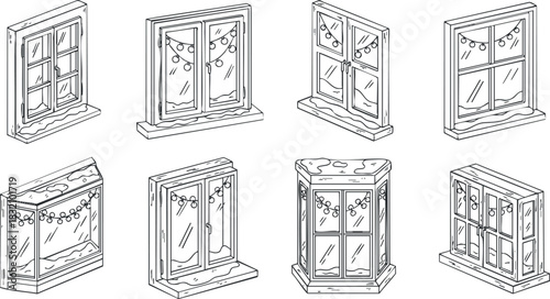 A collection of nine decorative window designs in black and white line art vector style, ideal for architectural and interior design projects