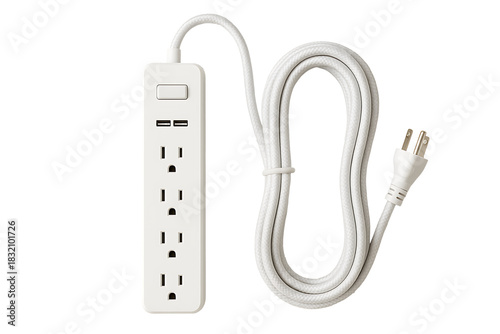 White power strip with braided extension cord and USB charging ports isolated on clean studio background