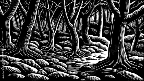 dark forest filled with rough stones black and white, chilling winds moving through branches, heavy shadows, and an ancient mysterious woodland atmosphere