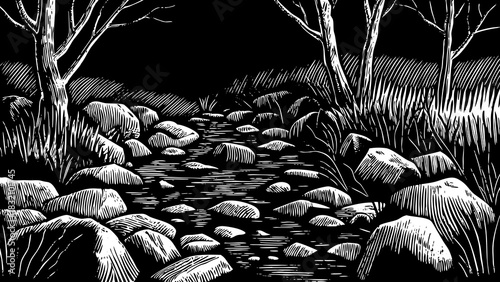 bleak rocky field filled with scattered stones, cold sharp air, deep darkness, and an empty chilling landscape stretching across the barren land