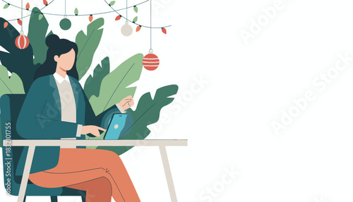Professional woman texting during the festive season surrounded by plants and decorations