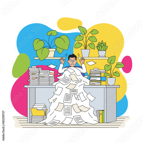 Overwhelmed worker buried in documents Stress bureaucracy and office overload concept