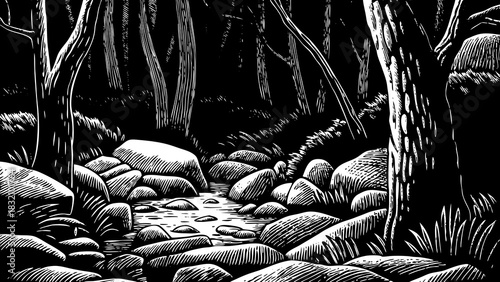 dark forest filled with rough stones black and white, chilling winds moving through branches, heavy shadows, and an ancient mysterious woodland atmosphere