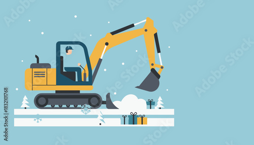 Industrial excavator working in winter snow surrounded by Christmas gifts