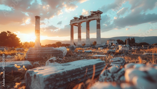 Ancient ruins with standing columns and fallen stones under a vibrant sunset sky.