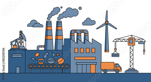Illustration of industrial complex blending manufacturing logistics and power generation