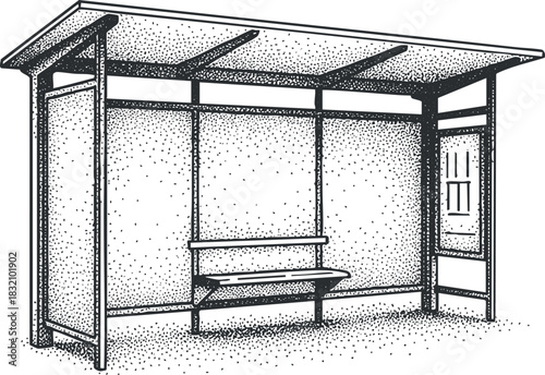 A bus shelter with a bench and roof in black and white outline vector style, suitable for urban design projects