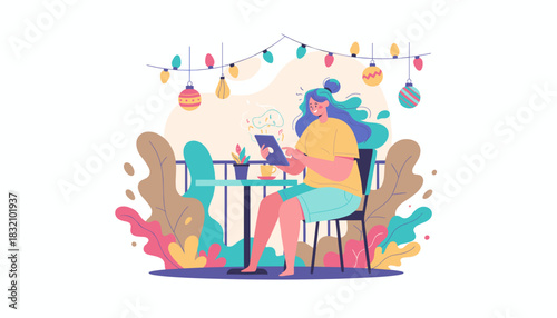 Relaxed woman streams music on a tablet outdoors among colorful plants and string lights