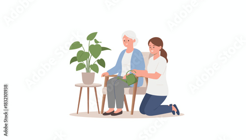 Caregiver assists smiling senior woman with watering a houseplant Home healthcare illustration