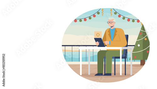 Senior man struggling with digital tablet on a festive tropical balcony during Christmas vacation Flat vector