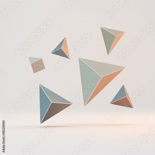Abstract geometric pyramids floating in soft light