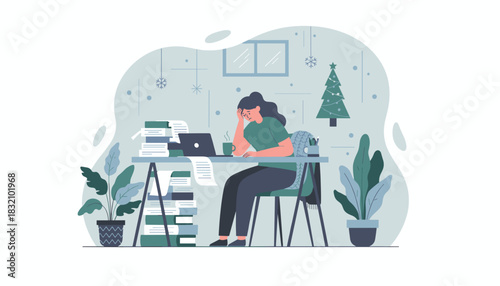 Burnout during holidays Woman stressed by workload documents and laptop at her desk