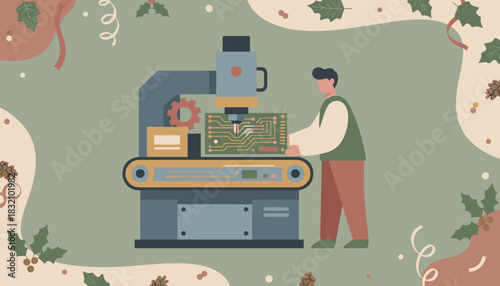 Festive manufacturing worker assembling electronics Industrial holiday production of technology gifts