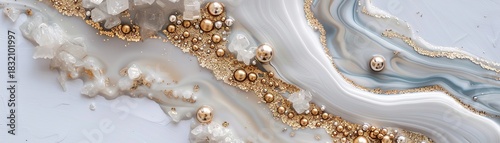 This stunning creation features a gold strip embellished with jewel accents, blending smoothly with gray and white marbled textures. Intricate details create a luxurious visual experience