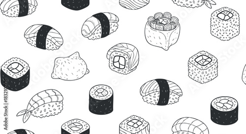 A collection of various sushi types including rolls and nigiri in black and white outline vector style, perfect for food menus and restaurant branding