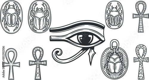 A collection of Egyptian symbols including an eye, scarabs, and ankh signs in black and white line art style, perfect for cultural and historical designs