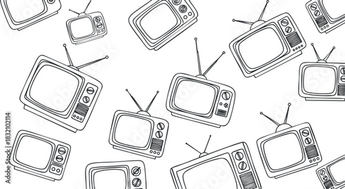 A collection of vintage television sets in a black and white outline style, perfect for retro-themed designs and media projects