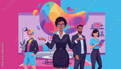 Diverse business team collaboration in a modern creative office setting illustrating inclusion and innovation