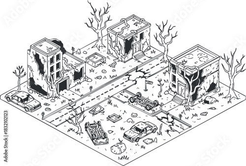 A post-apocalyptic cityscape featuring abandoned buildings and vehicles in detailed black and white outline vector style, suitable for graphic design projects.