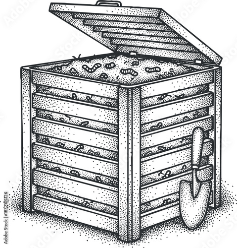 A compost bin filled with organic waste in a hand-drawn sketch style, ideal for gardening and sustainability projects