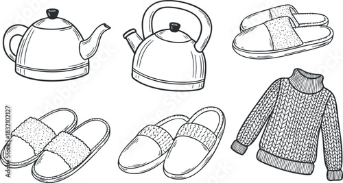 A collection of cozy home items including a kettle, slippers, and a sweater in black outline vector style, ideal for home decor and fashion designs