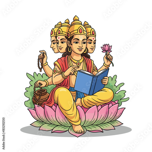 Lord Brahma seated upon a lotus flower, immersed in sacred texts and holding a lotus, radiating serenity and wisdom