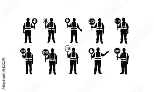 Road worker in various poses holding a stop sign depicted as a silhouette against a clean white background for easy integration into designs isolated on white background